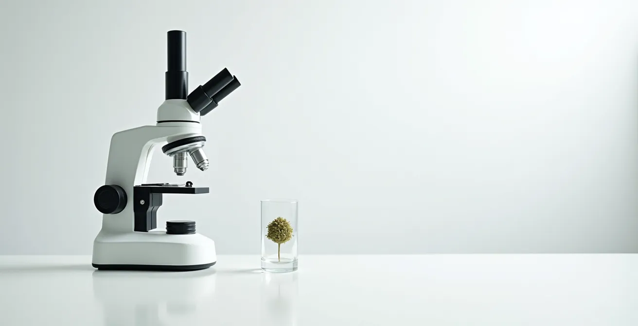 Vue microscopique de l'évolution des trichomes du transparent au ambré sur fleur CBD
