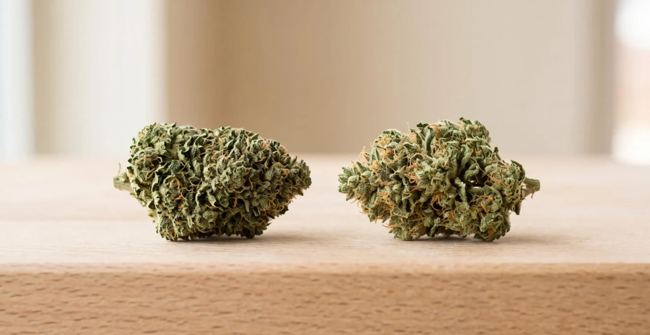 Comparaison de deux fleurs de CBD sur bois clair : à gauche bourgeon compact indoor vert foncé dense, à droite bourgeon aéré outdoor vert clair structure espacée