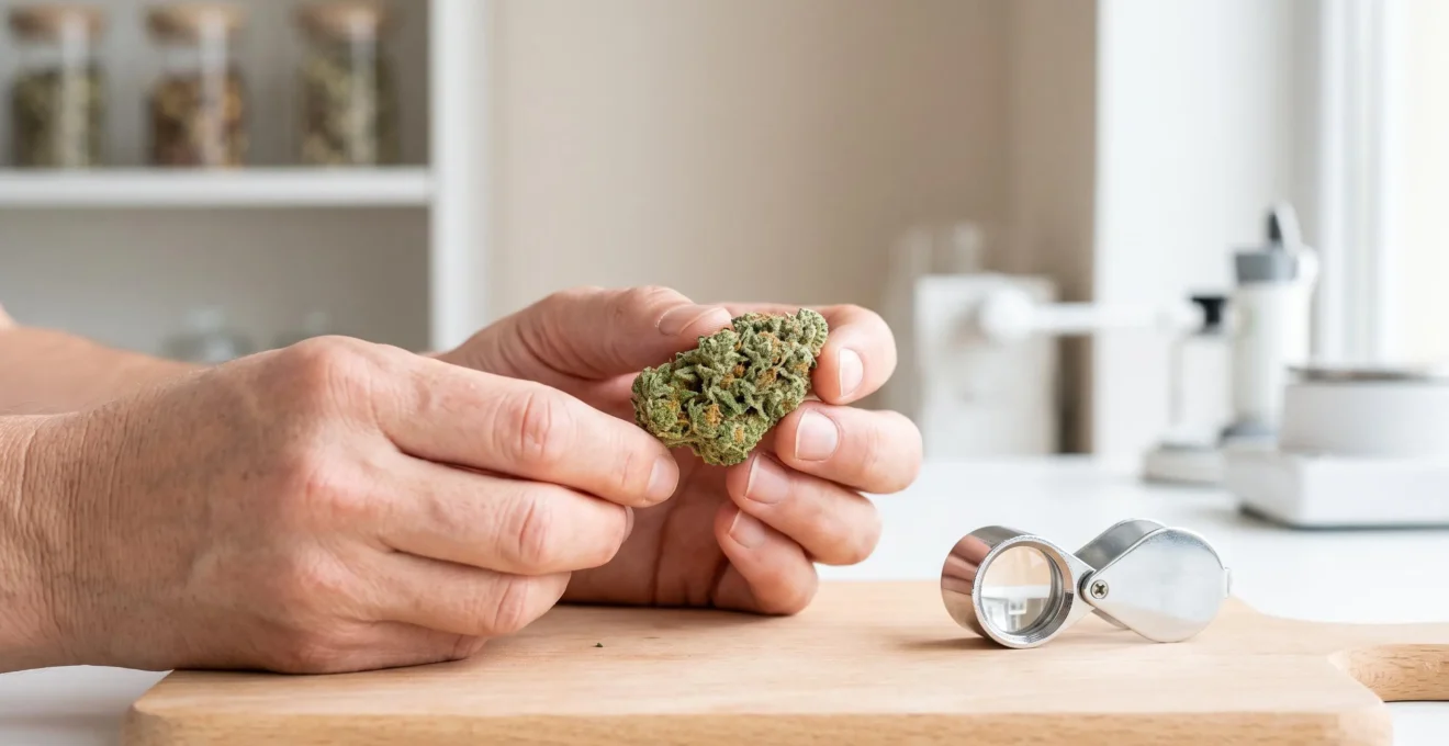 Gros plan de mains expertes tenant une fleur de CBD fraîche avec trichomes visibles sur surface marbre blanc, loupe de bijoutier x30 posée à côté, lumière naturelle douce
