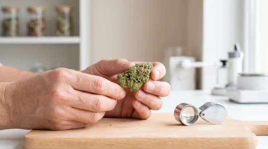 Gros plan de mains expertes tenant une fleur de CBD fraîche avec trichomes visibles sur surface marbre blanc, loupe de bijoutier x30 posée à côté, lumière naturelle douce