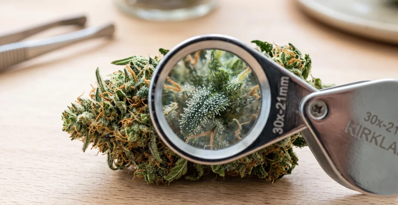 Gros plan macro d'une fleur de CBD dense observée sous loupe de bijoutier x30 révélant détails des trichomes translucides et laiteux sur surface marbre blanc