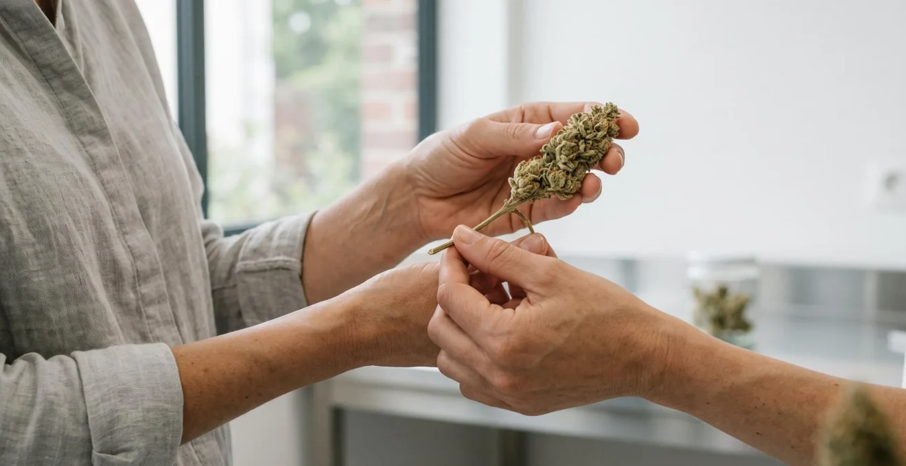 Gros plan de mains tenant la tige d'une fleur de CBD séchée entre pouce et index, testant la résistance au pliage pour vérifier qualité du séchage
